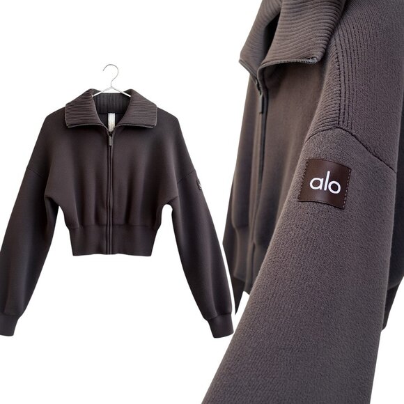 Alo Yoga Scholar Knit Cropped Zip Jacket Espresso Brown Ribbed Knit Sweater XS - Picture 1 of 9